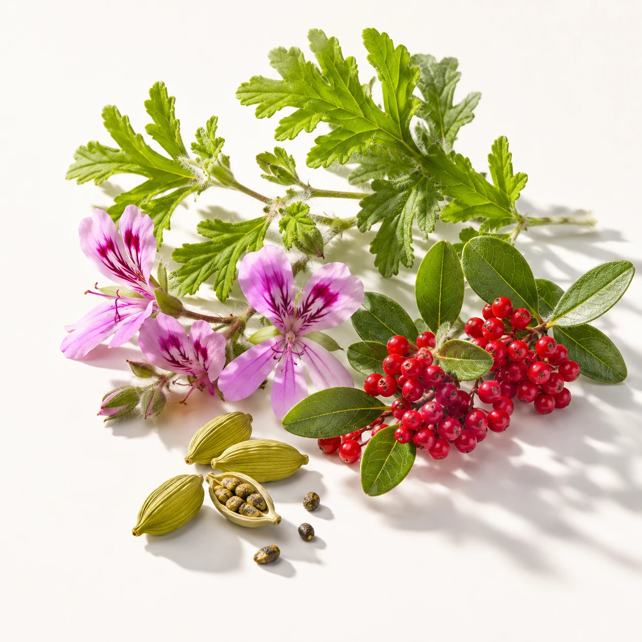 Atmospheric interpretation of cardamom and pink pepper over green geranium.