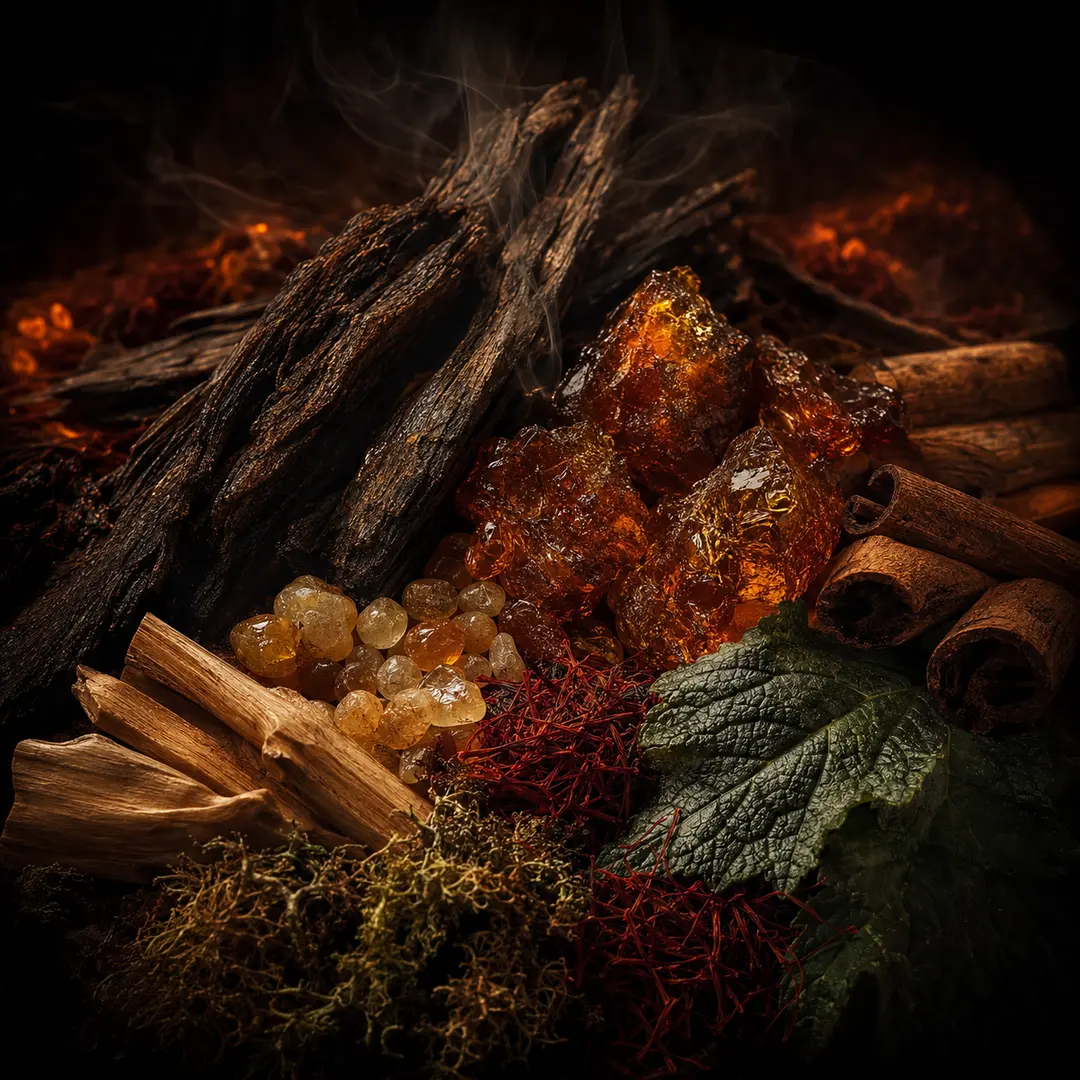 Atmospheric interpretation of oud, resin and glowing spice.