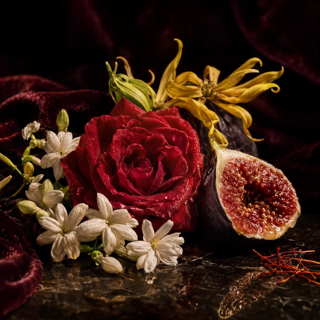 Atmospheric interpretation of a rose opens inside the amber.