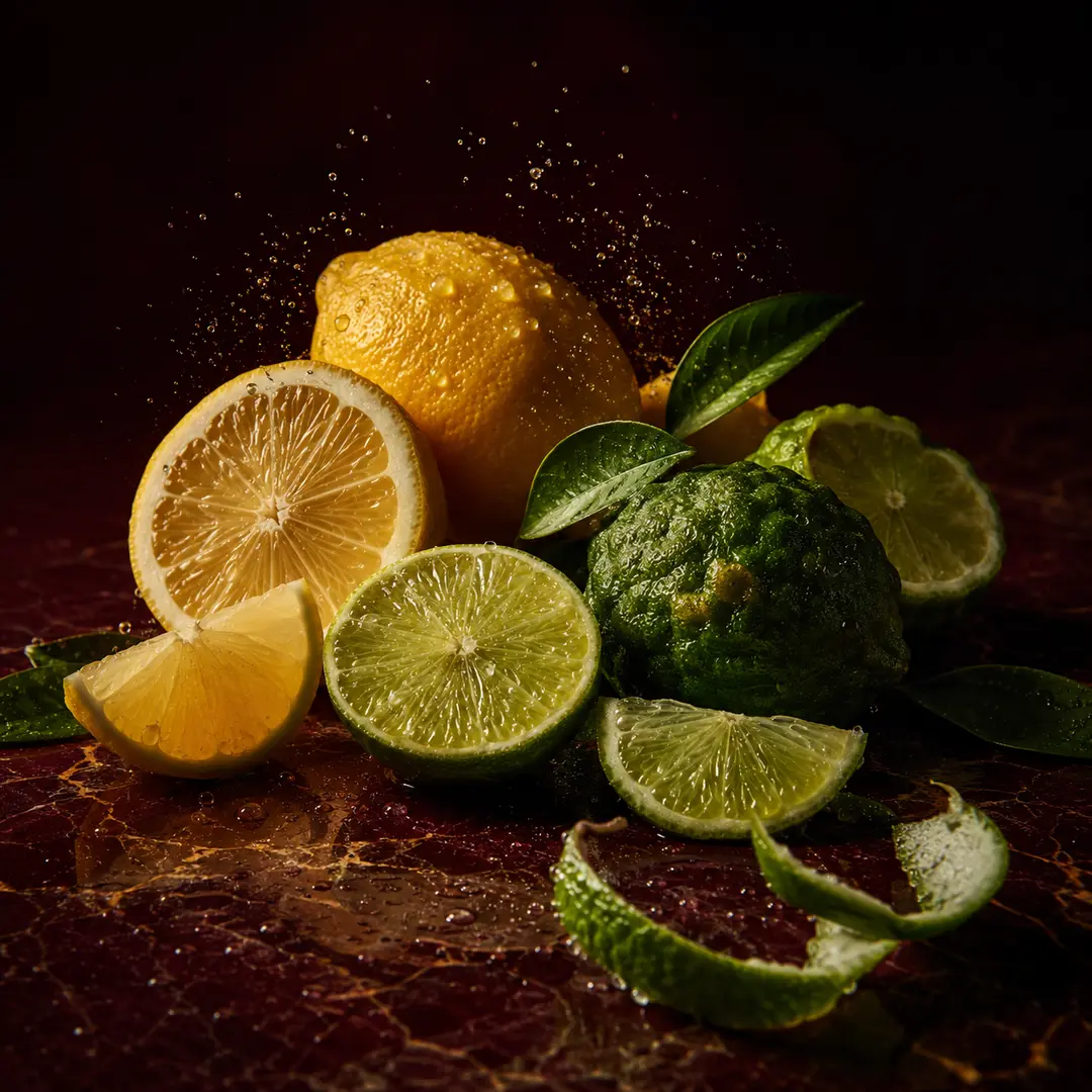 Atmospheric interpretation of citrus flashes across polished gold.