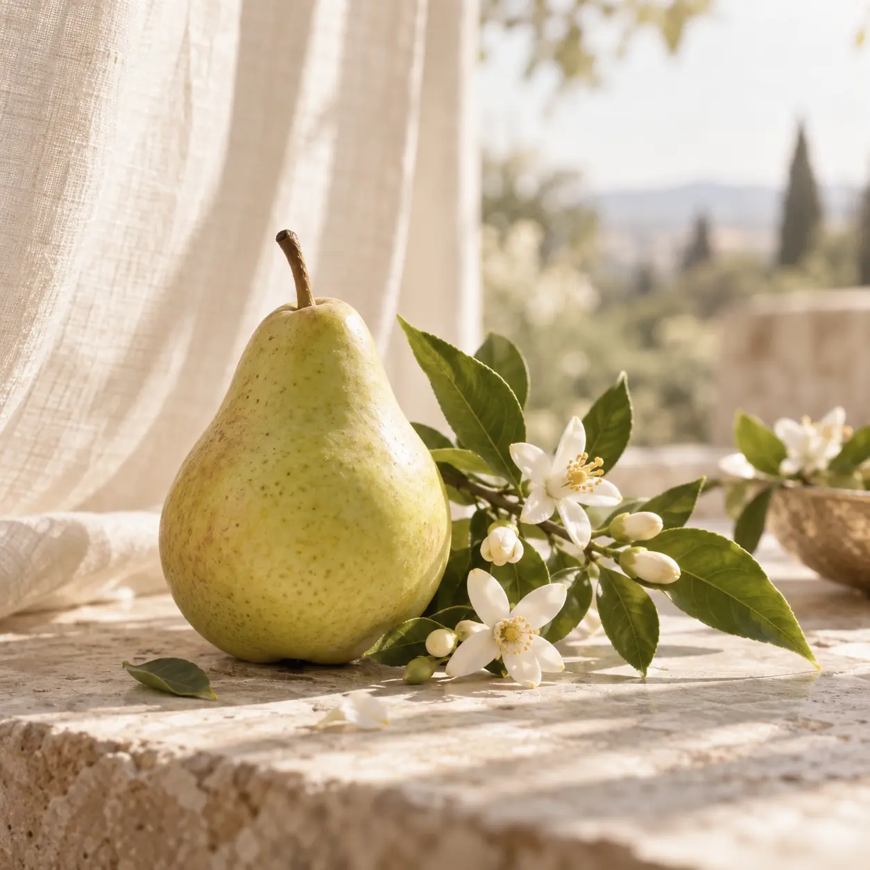 Atmospheric interpretation of fruit and flowers in daylight.