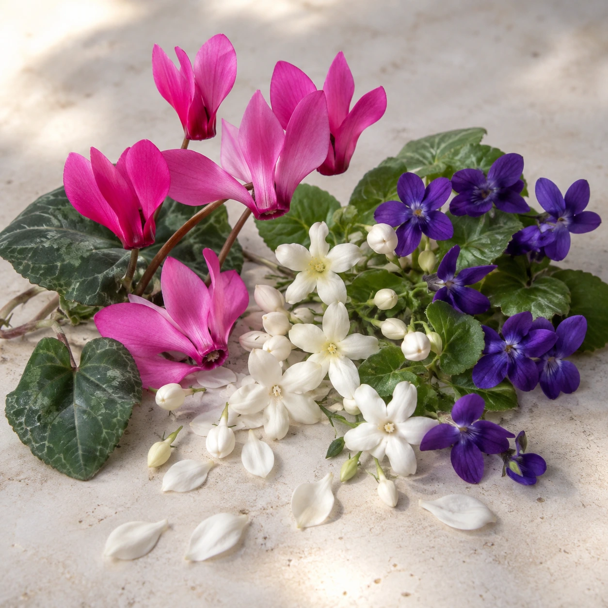 Atmospheric interpretation of cyclamen and violet move through a light veil of jasmine petals.