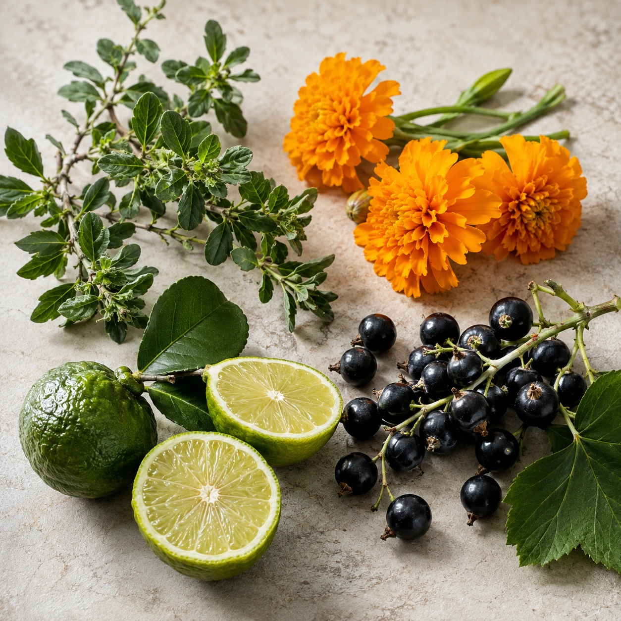Atmospheric interpretation of buchu, marigold and bergamot flash against dark berries.