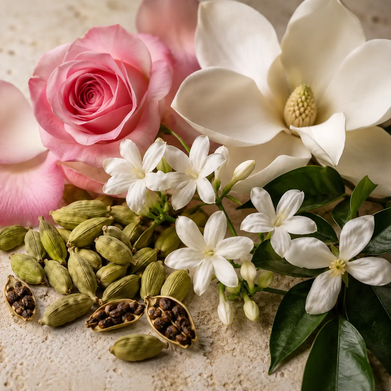 Atmospheric interpretation of rose, jasmine and magnolia unfold with velvety poise.