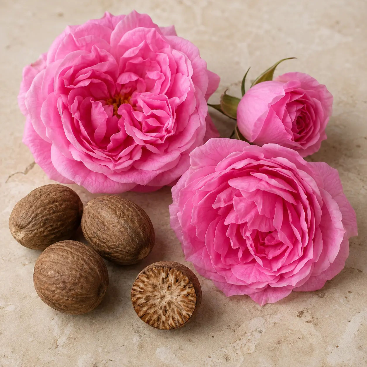 Atmospheric interpretation of damascena rose rises with a dry nutmeg shimmer.