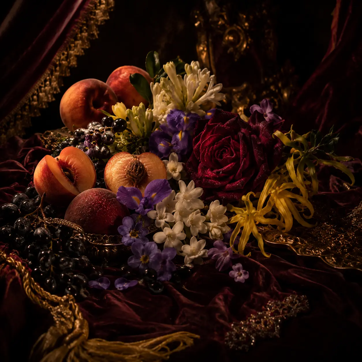 Atmospheric interpretation of fruit and flowers fill the stage.
