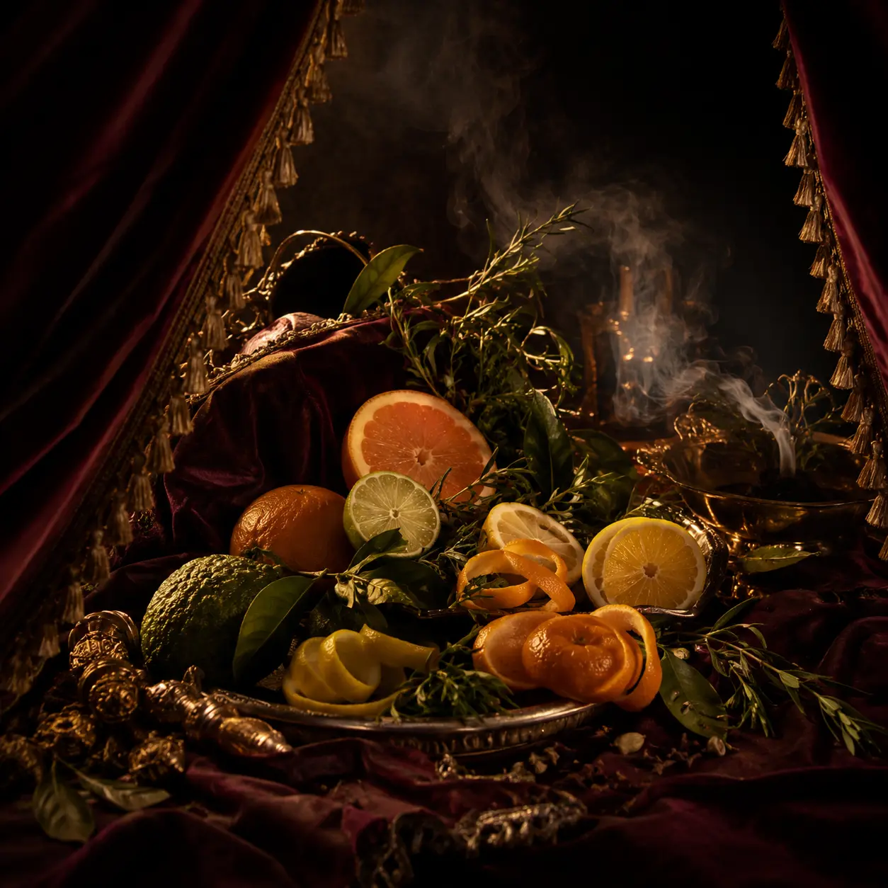 Atmospheric interpretation of gold light cuts through the curtain.