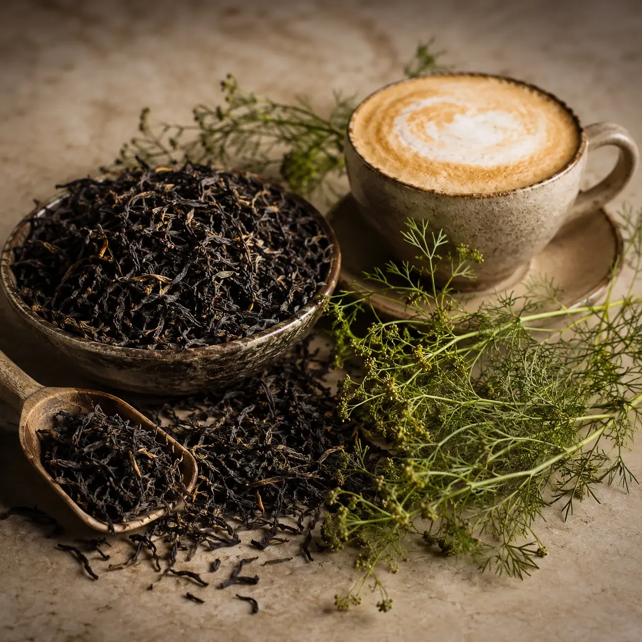Atmospheric interpretation of black tea darkens into cappuccino and aromatic davana.