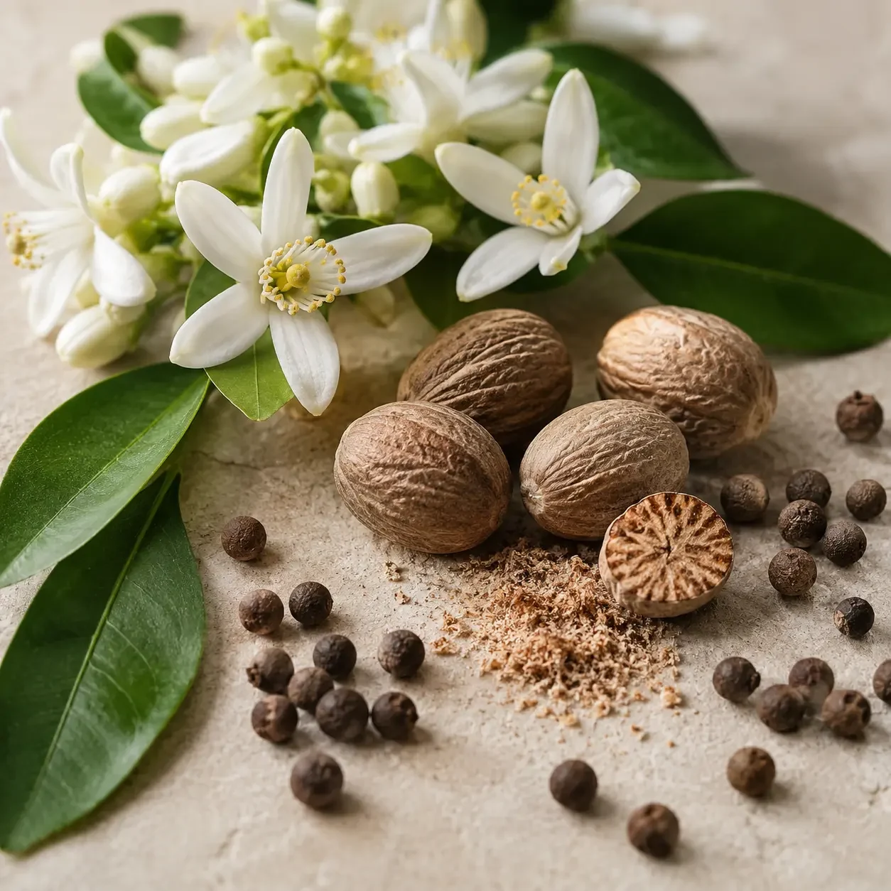 Atmospheric interpretation of orange blossom opens inside a ring of dry spice.