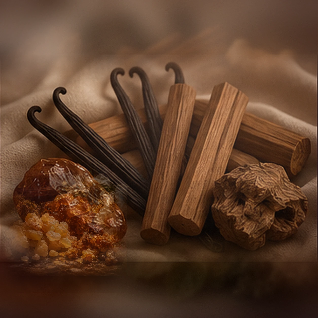 Atmospheric interpretation of creamy woods hold a luminous amber trail.