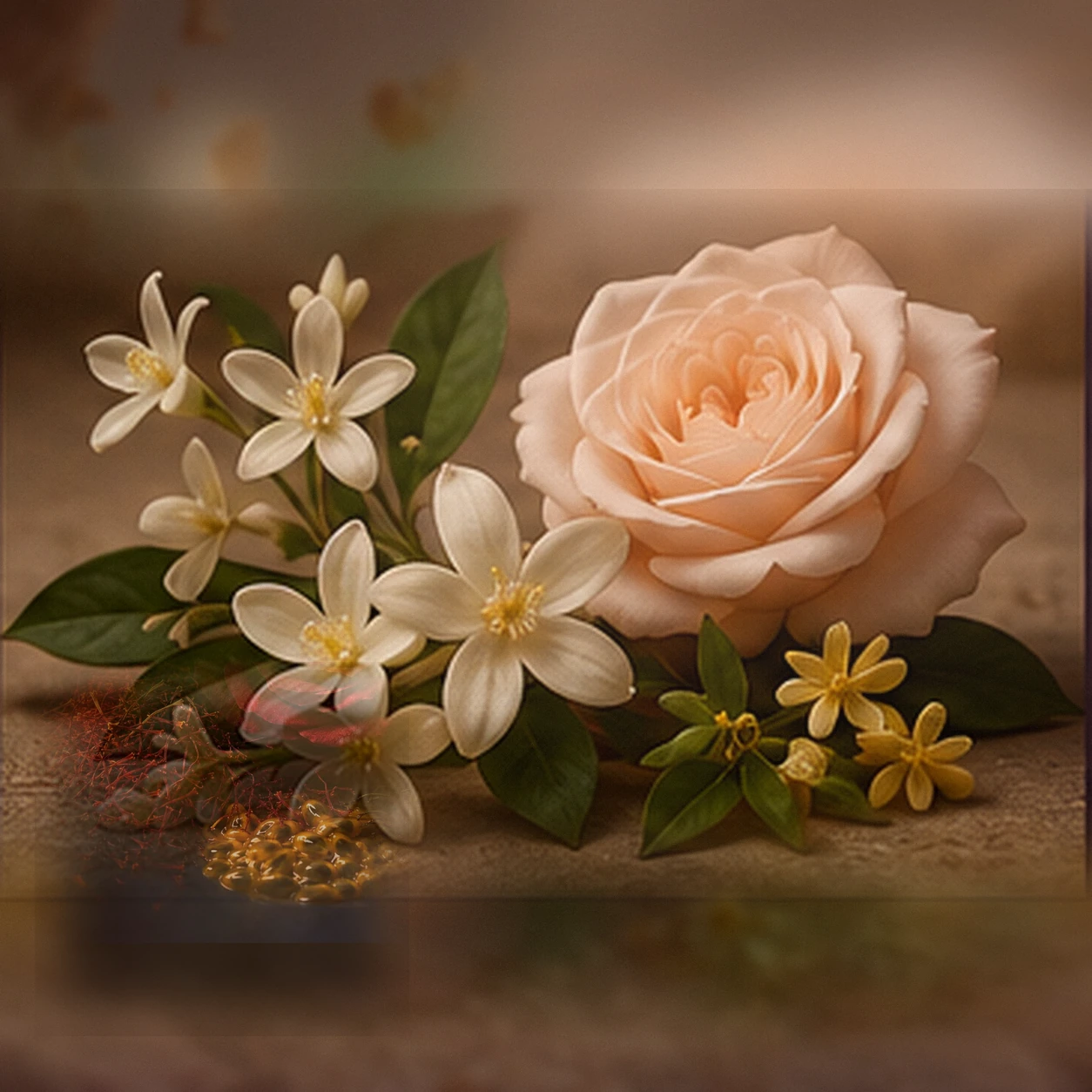 Atmospheric interpretation of flowers gather around a saffroned glow.