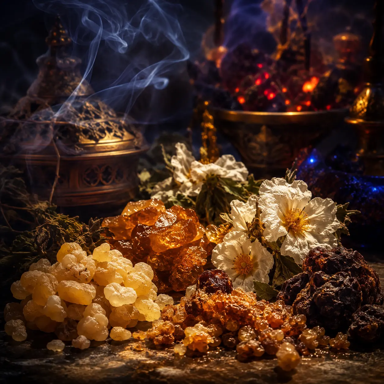 Atmospheric interpretation of frankincense fills the chamber.