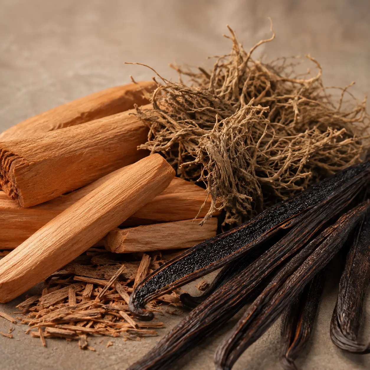 Atmospheric interpretation of creamy woods settle beneath a red vanilla glow.