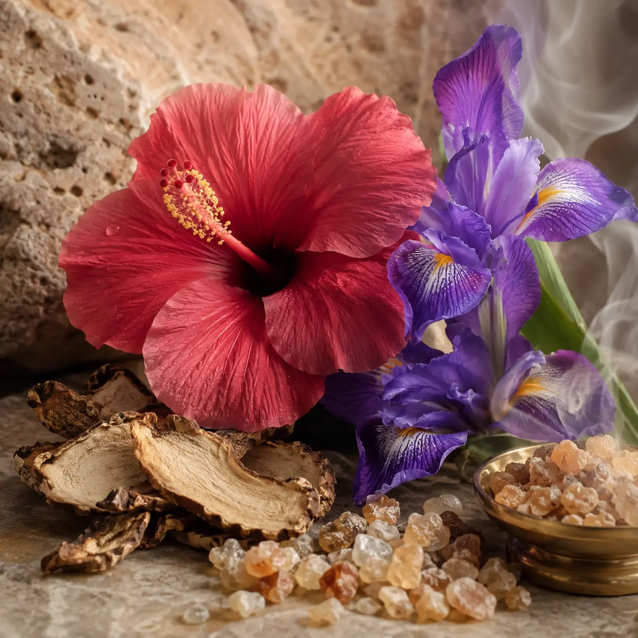 Atmospheric interpretation of hibiscus opens in red while incense cools the air.