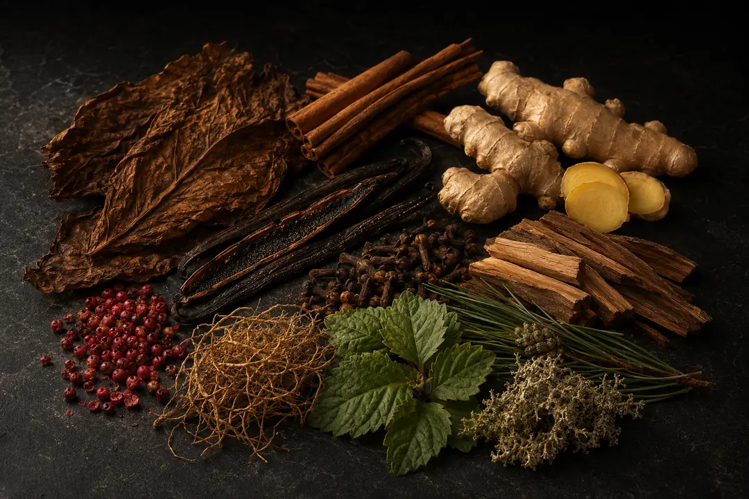 Atmospheric interpretation of smoke, velvet and dark wood.