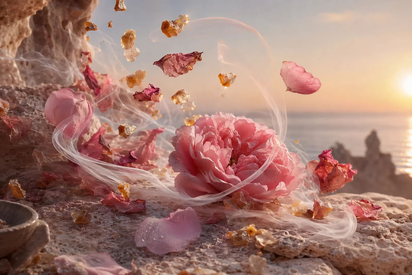 Atmospheric interpretation of rose holds the light in place.