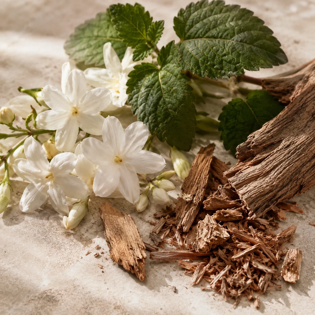 Atmospheric interpretation of jasmine lights a heart of patchouli and cedarwood.