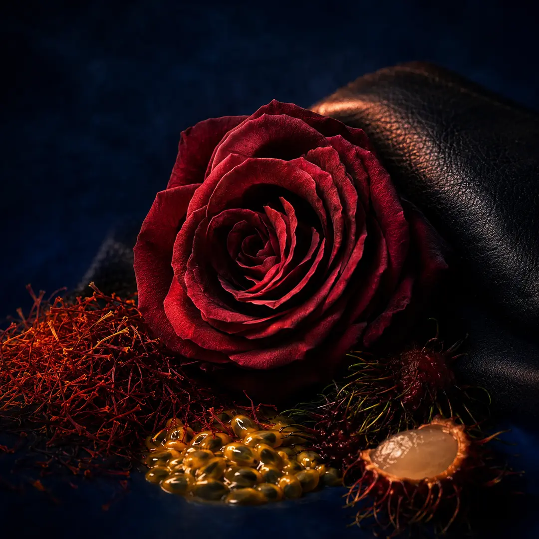 Atmospheric interpretation of crimson petals enter the heat.