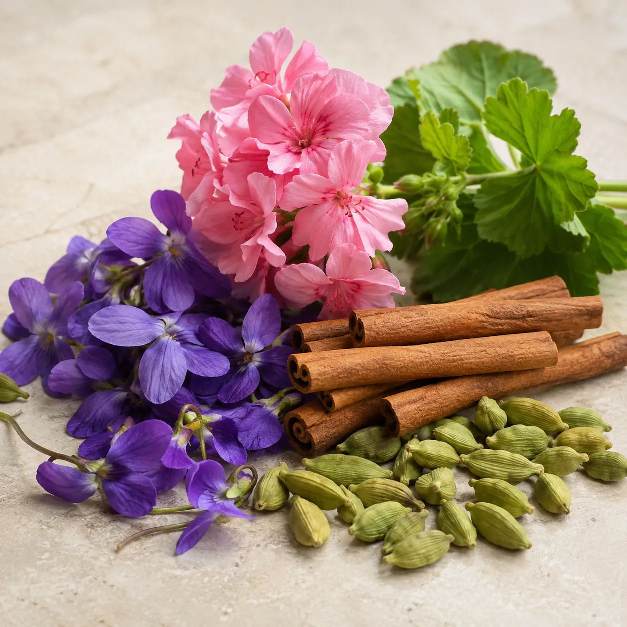 Atmospheric interpretation of violet and geranium meet ceylon cinnamon and cardamom.