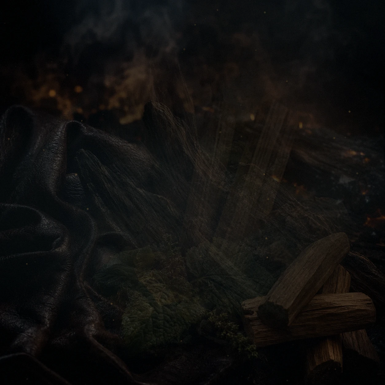 Atmospheric interpretation of dark resins gather around amber, smoke and polished woods.