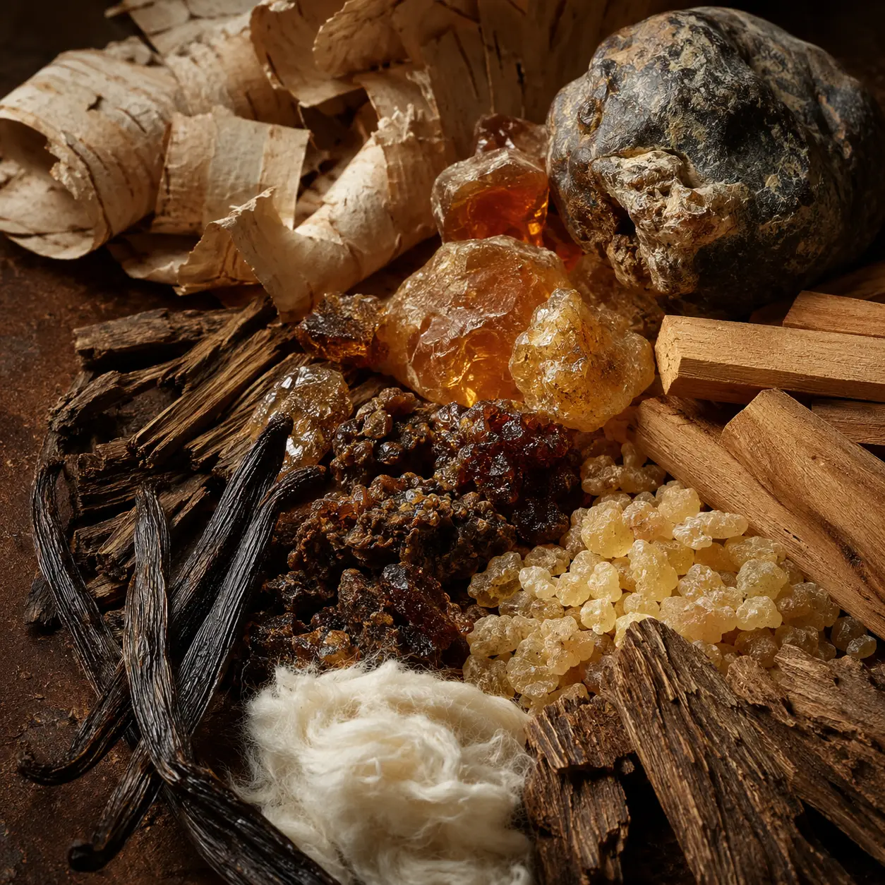 Atmospheric interpretation of dark resins gather around amber, smoke and polished woods.