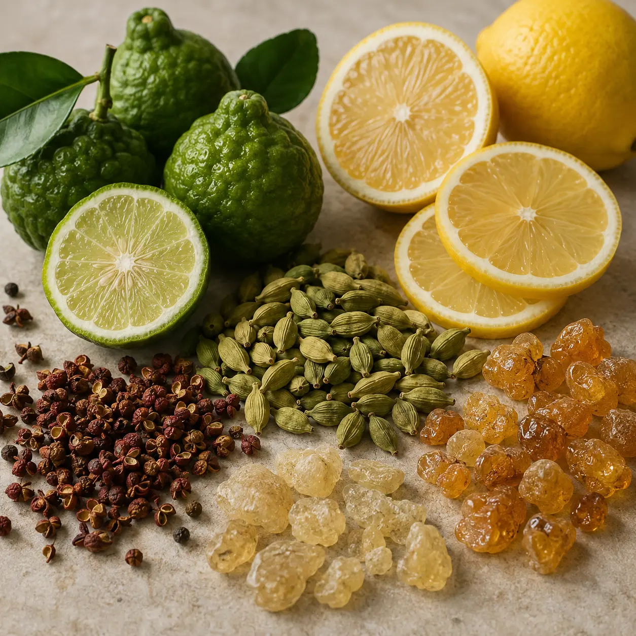 Atmospheric interpretation of citrus light fractures through spice and incense.