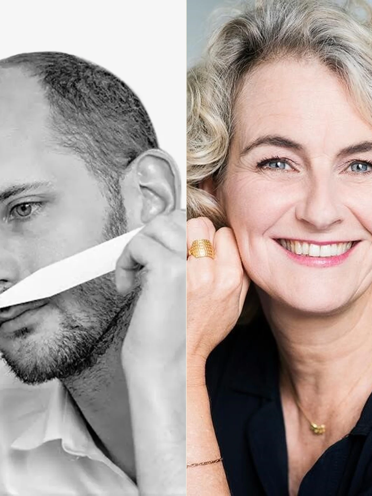 Quentin Bisch, photographed, alongside an editorial illustration standing in for Nathalie Gracia-Cetto