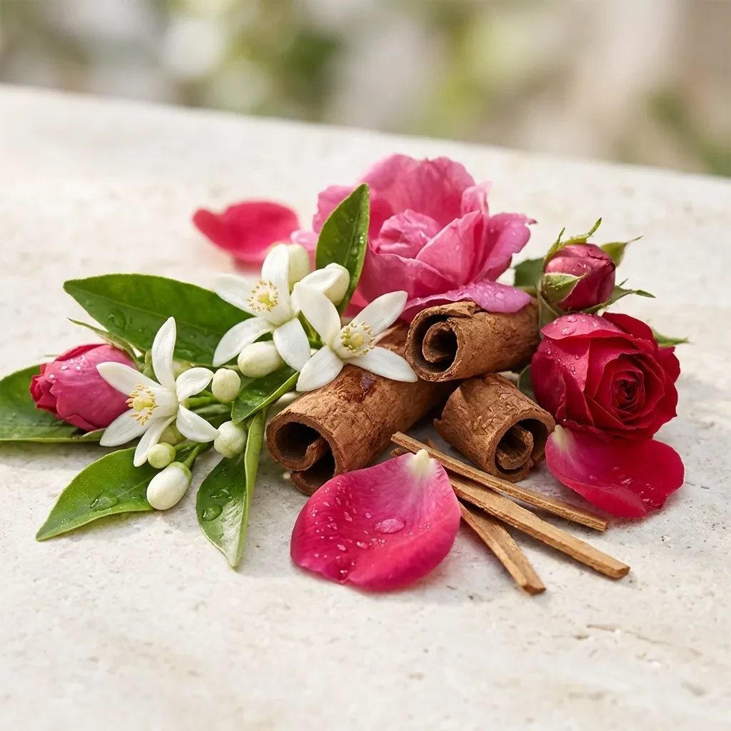 Atmospheric interpretation of a spiced, floral heart that starts pulling toward the sweet base.