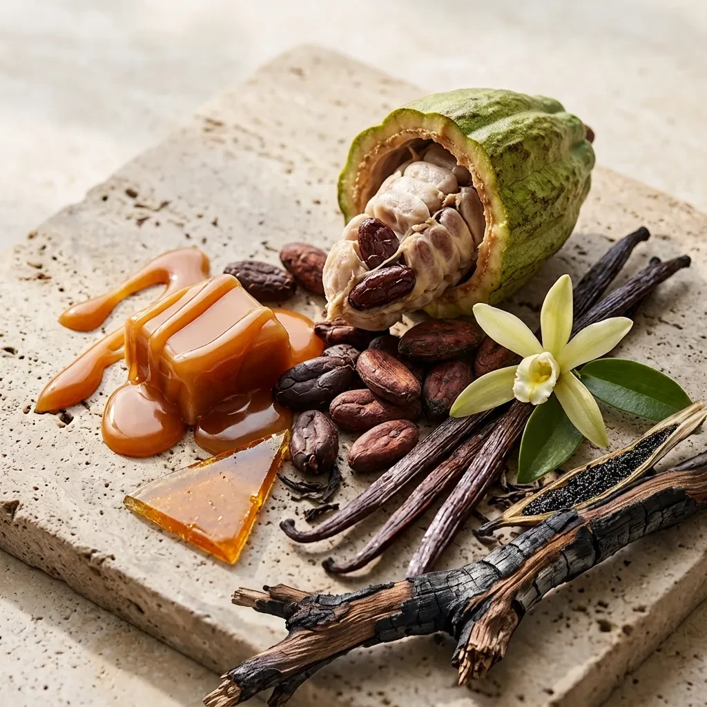 Atmospheric interpretation of a dense, smoky gourmand base with a darker edge.