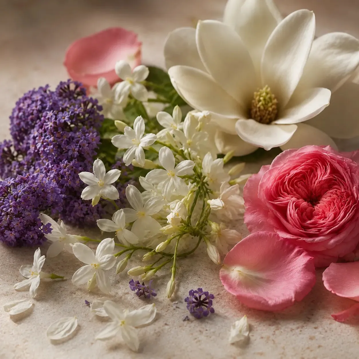 Atmospheric interpretation of magnolia and rose bring light into the smoke.