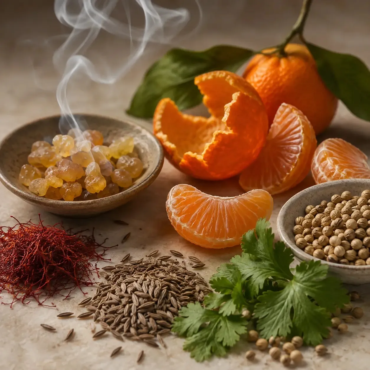 Atmospheric interpretation of cumin and saffron rise through incense smoke and a flash of mandarin.