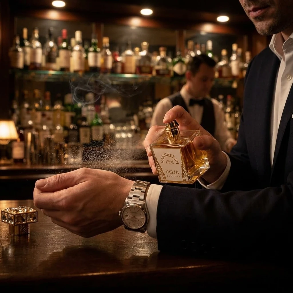 A hand spraying Roja Manhattan at a dimly lit hotel bar, bottle held above the wrist