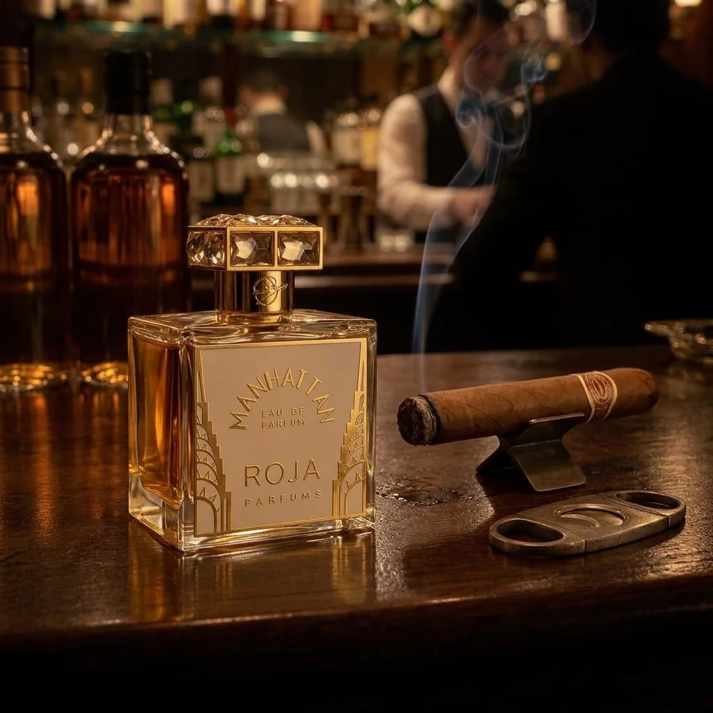 Roja Manhattan bottle beside a lit cigar and cutter on a dark wood bar counter