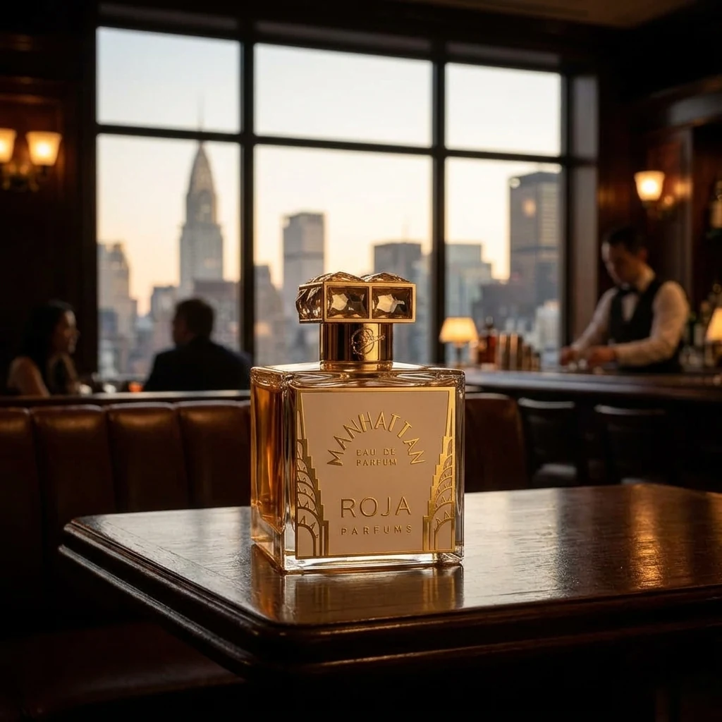Roja Manhattan bottle on a bar table with the Chrysler Building and Manhattan skyline visible through the window at dusk