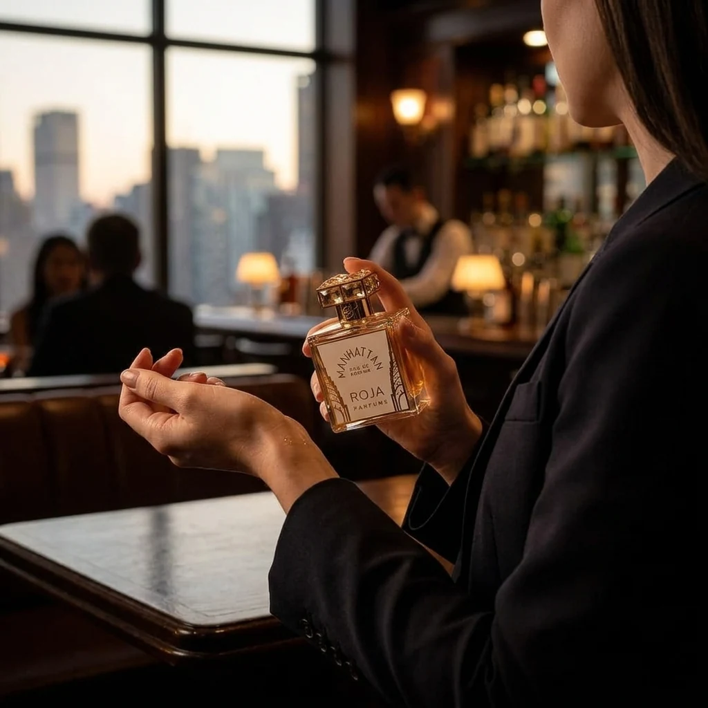 A woman holding a Roja Manhattan bottle near a hotel bar window at dusk, city skyline behind her