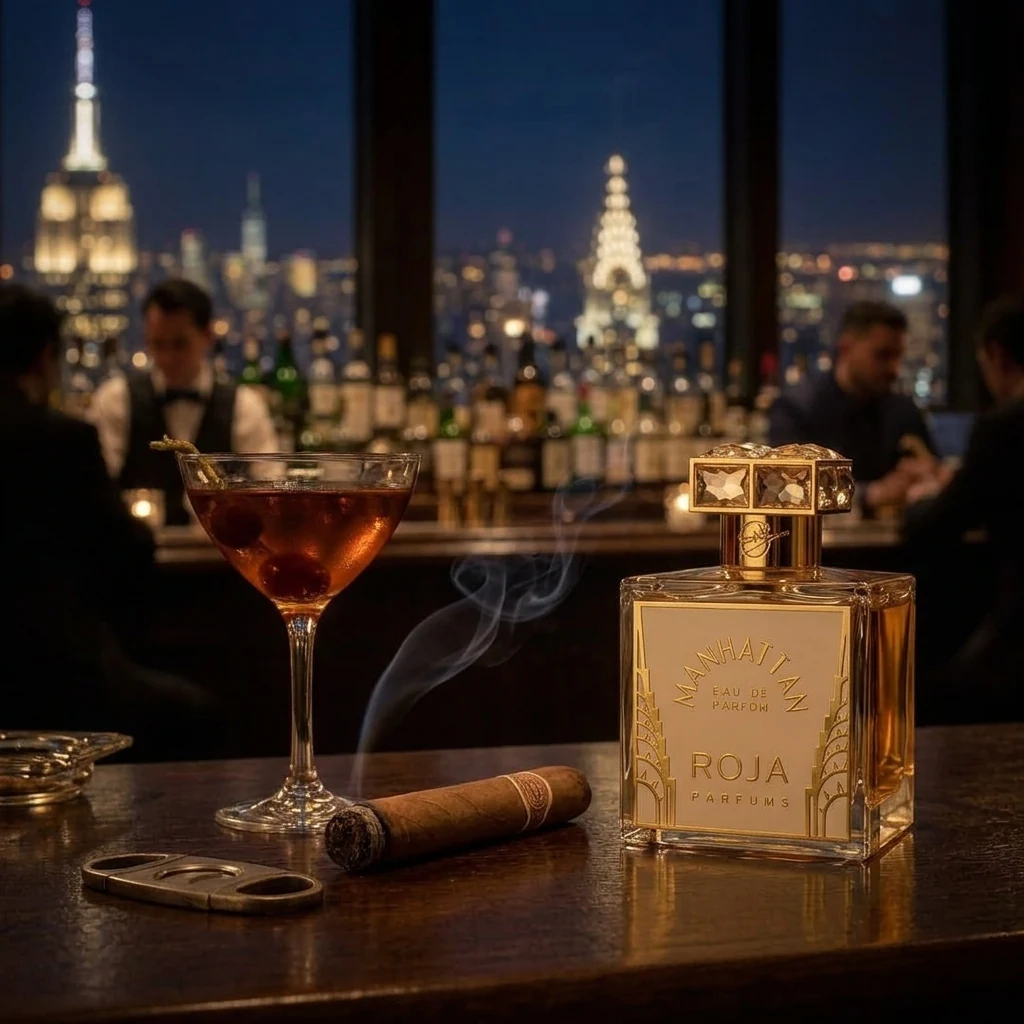 Roja Manhattan bottle on a bar table at night beside a Manhattan cocktail and a lit cigar, the city skyline glowing through the window behind it