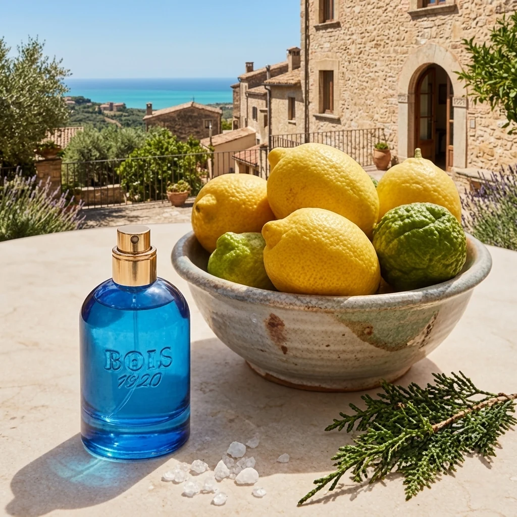 Bois 1920 Oltremare bottle beside a bowl of lemons and bergamot with a sprig of juniper on a sunlit stone terrace