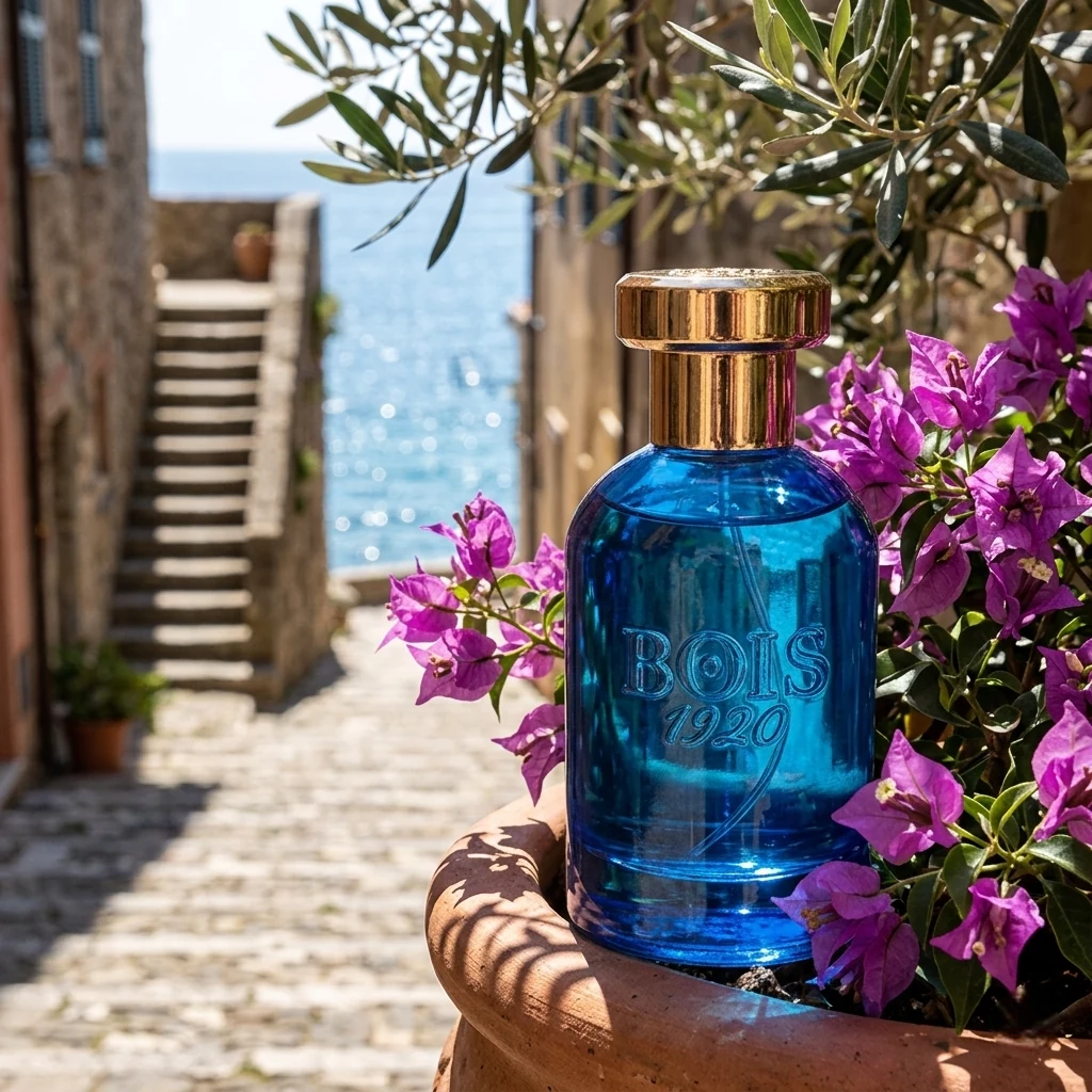 Bois 1920 Oltremare bottle beside bougainvillea flowers in a terracotta pot, with a stone alley leading to the sea