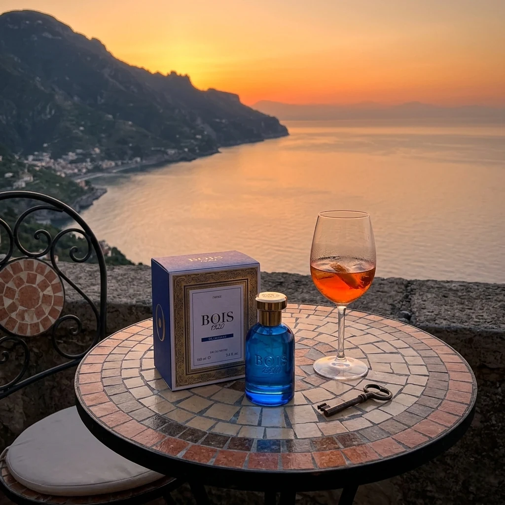 Oltremare bottle and box on a table at sunset above the coastline, beside an Aperol spritz and an old key