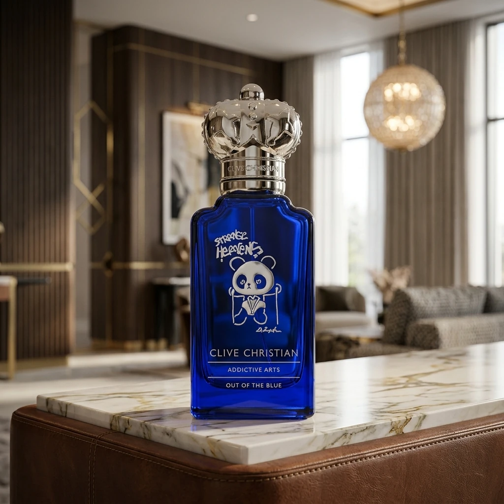 Clive Christian Strange Heavens Out of the Blue bottle on a marble-topped leather ottoman in a grand living room, crystal chandelier glowing above