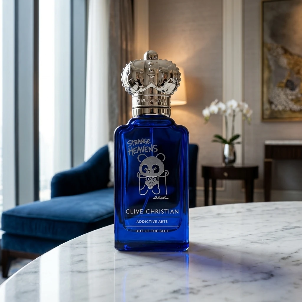 Clive Christian Strange Heavens Out of the Blue bottle on a marble table beside a blue velvet chaise, white orchids visible in the background