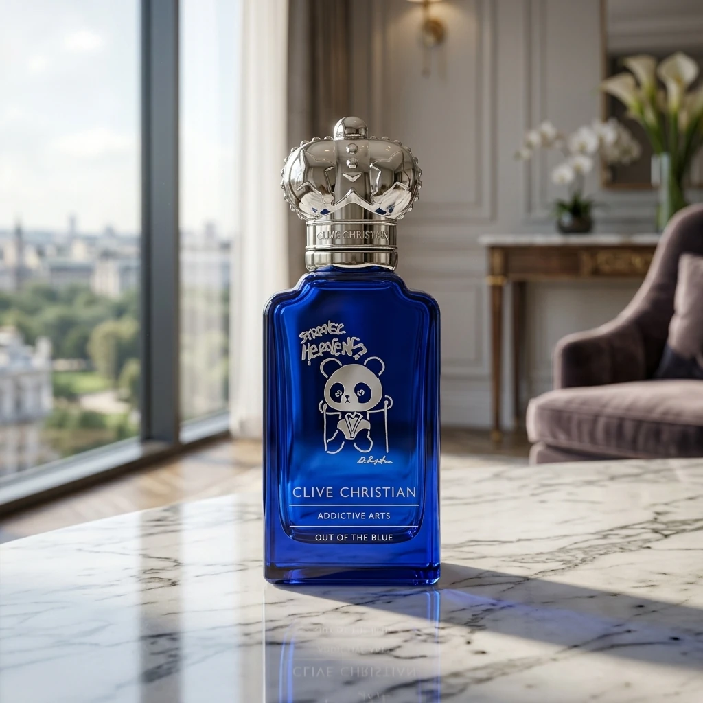 Clive Christian Strange Heavens Out of the Blue bottle on a marble ledge, London skyline visible through floor-to-ceiling windows at dusk